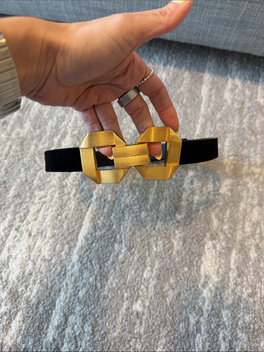 Zara Black Velvet Belt with Gold Geometric Buckle